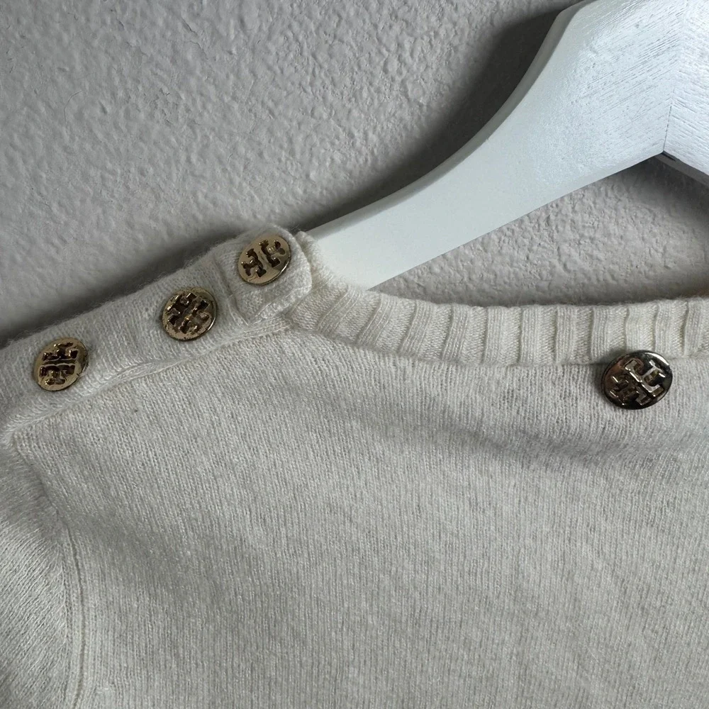 Tory Burch Logo Button Shoulder Sweater Small XS Ivory Merino Cashmere Blend